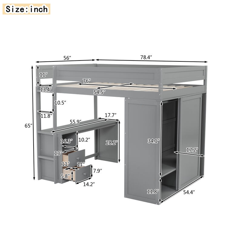 Merax Wood  Loft Bed with Wardrobes and  Cabinet