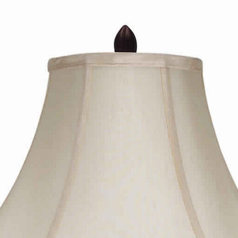 Swing Arm Metal Body Table Lamp with Fabric Bell Shade, Bronze and Beige-Benzara