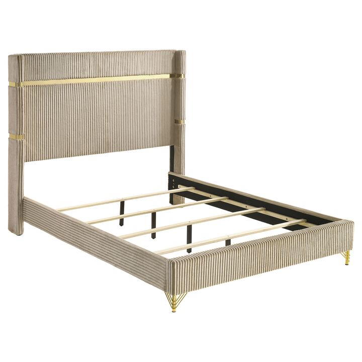 Jenny Queen Size Bed, Fluted Wingback Headboard, Beige Upholstery Gold Trim - Benzara