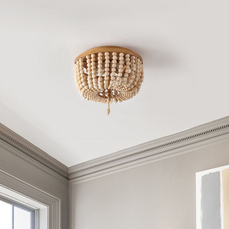 Allison 2-Light Shabby Chic Farmhouse Wood Beaded/Metal LED Flush Mount