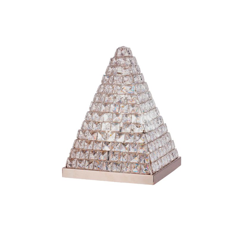 14 Inch Table Lamp, Crystal Pyramid Shaped Frame, Stone Studded, Silver - Benzara