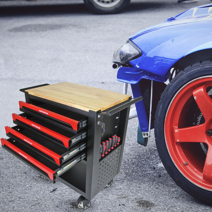 4 DRAWERS MULTIFUNCTIONAL TOOL CART WITH WHEELS AND WOODEN TOP-ORANGE