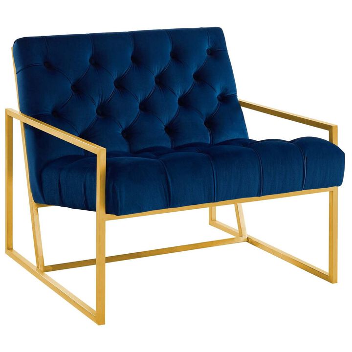 Modway Bequest Performance Velvet Upholstered Accent Lounge Arm Chair with Gold Stainless Steel Frame in Navy