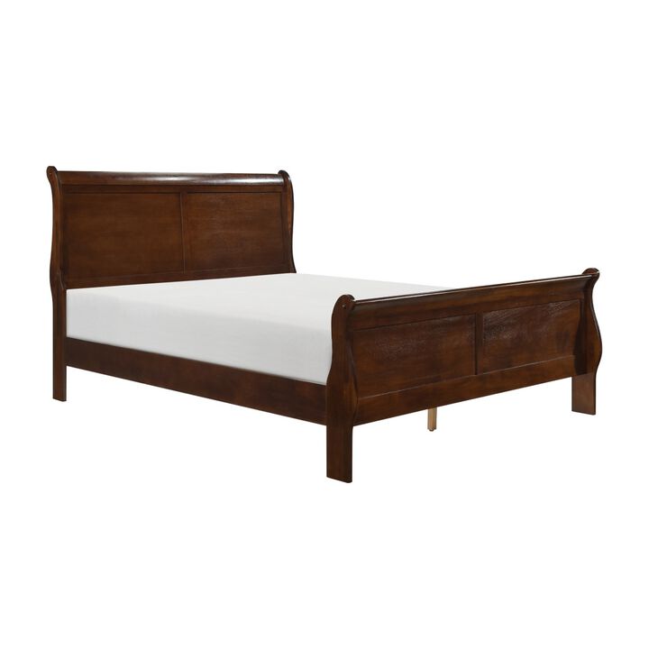 Gage Traditional Queen Sleigh Bed, Wood Frame, Rich Brown Cherry Finish-Benzara