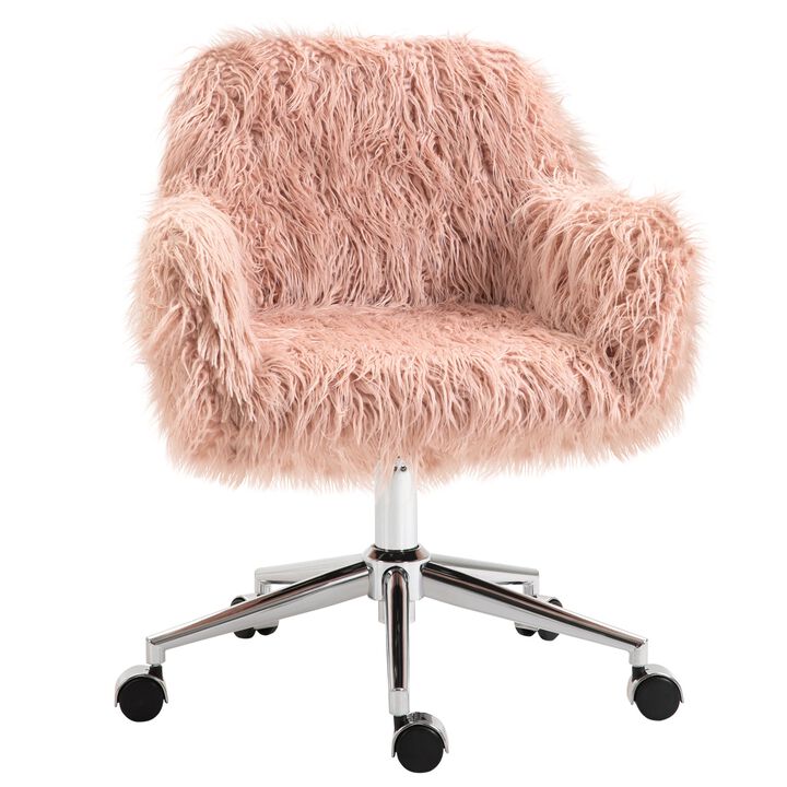 Pink Office Comfort: Faux Fur Swivel Vanity Chair with Wheels