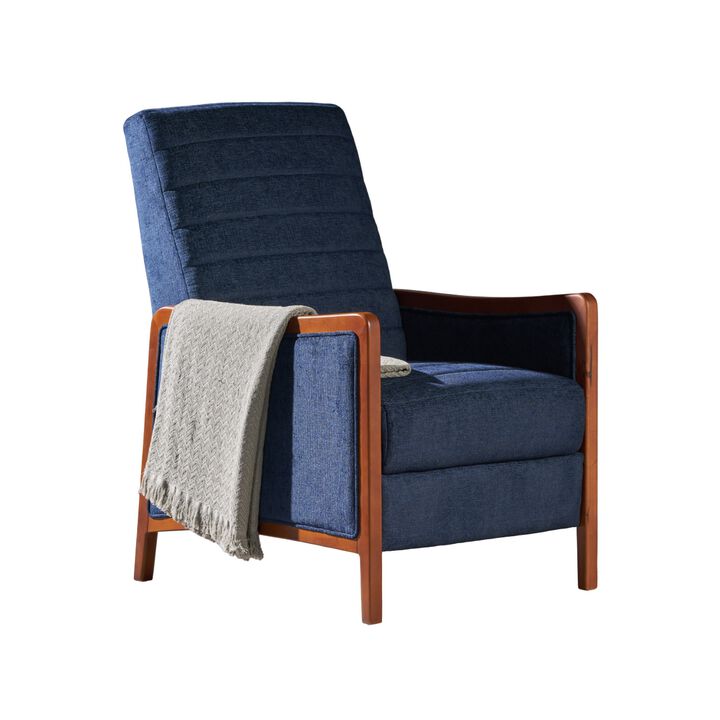 Ryka Pushback Manual Recliner Chair, Birch Wood, Channel Stitch Blue - Benzara