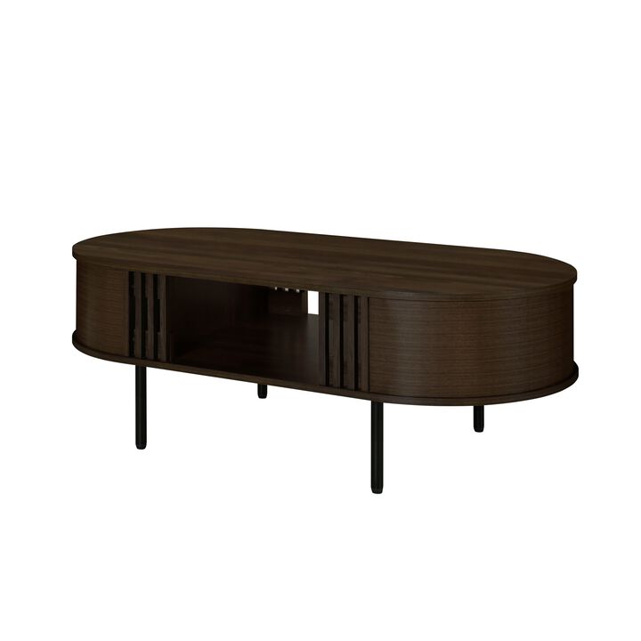 Brandon Cocktail Coffee Table with Inner Shelf, Oval Walnut Brown Wood - Benzara