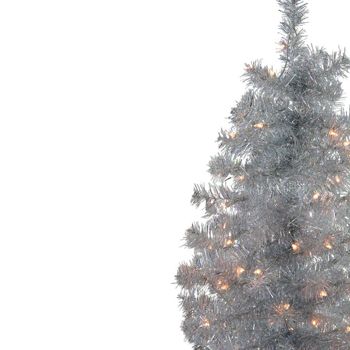 4' Pre-Lit Slim Silver Artificial Tinsel Christmas Tree - Clear Lights