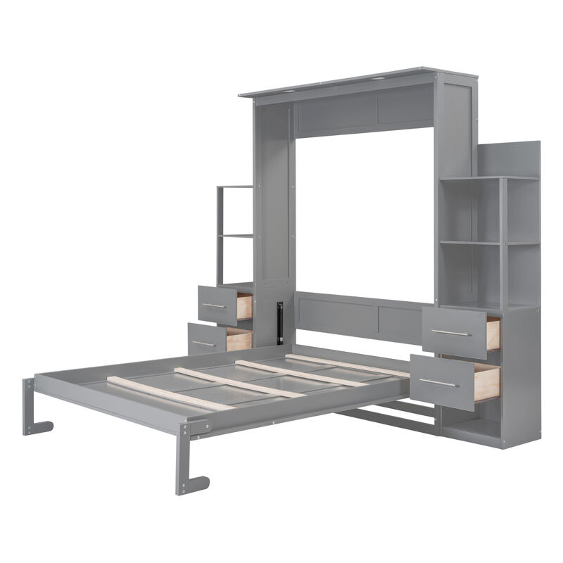 Queen Size Murphy Bed Wall Bed With Shelves, Drawers And LED Lights