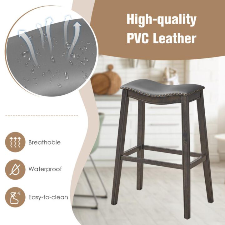 Hivvago 29 Inch Set of 2 Backless Wood Nailhead Barstools with PVC Leather Seat