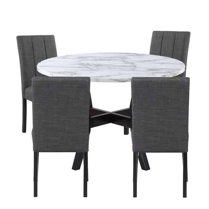5 Piece Dining Table and Chairs Set, Black Wood, Fabric, Faux Stone Top - Benzara