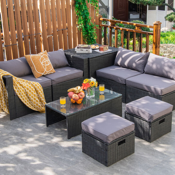 8 Pieces Patio Rattan Storage Table Furniture Set