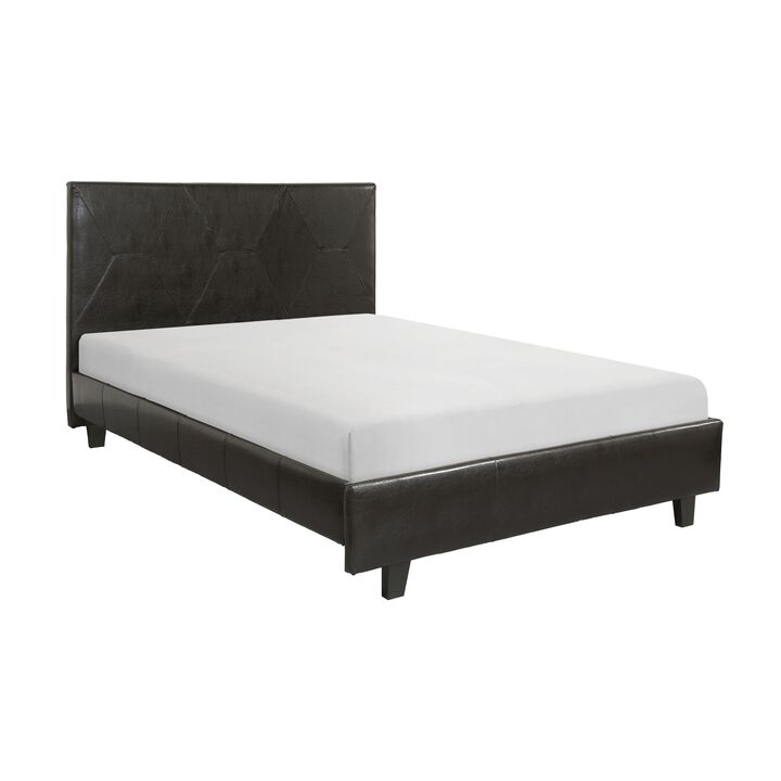 Leo Queen Size Platform Bed, Diamond Stitch Brown Faux Leather, Solid Wood - Benzara