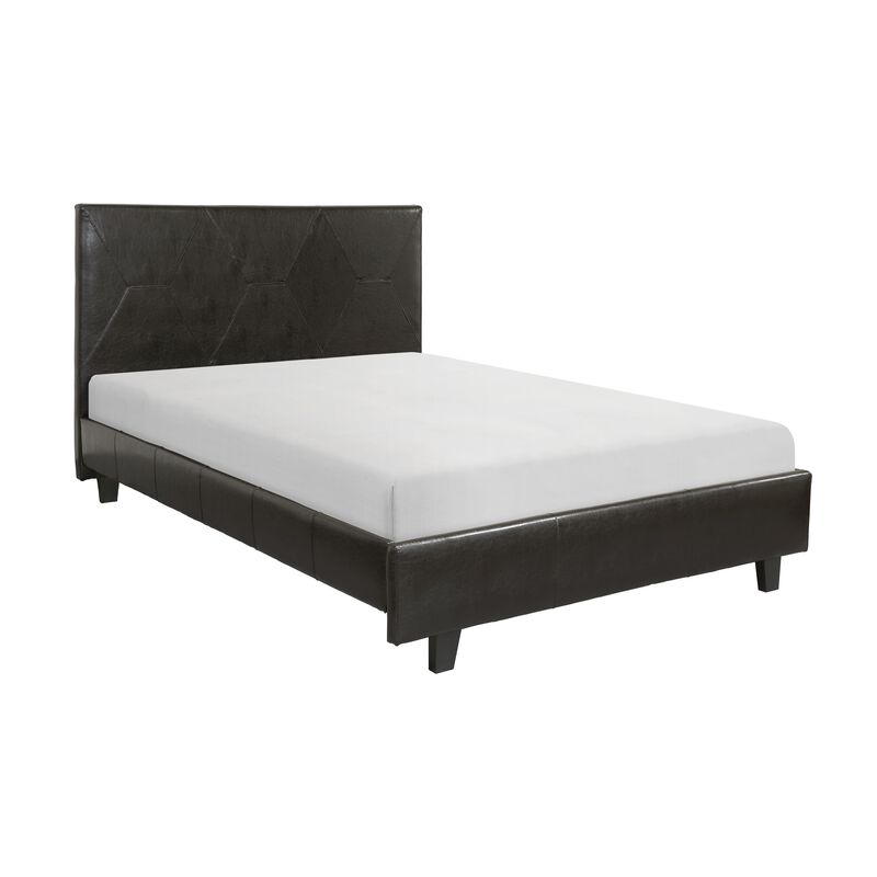 Leo Queen Size Platform Bed, Diamond Stitch Brown Faux Leather, Solid Wood - Benzara