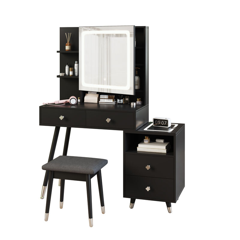 LED Lighted Mirror Cabinet with 4 Drawers & 2-Tier Shelf, Solid Wood Legs
