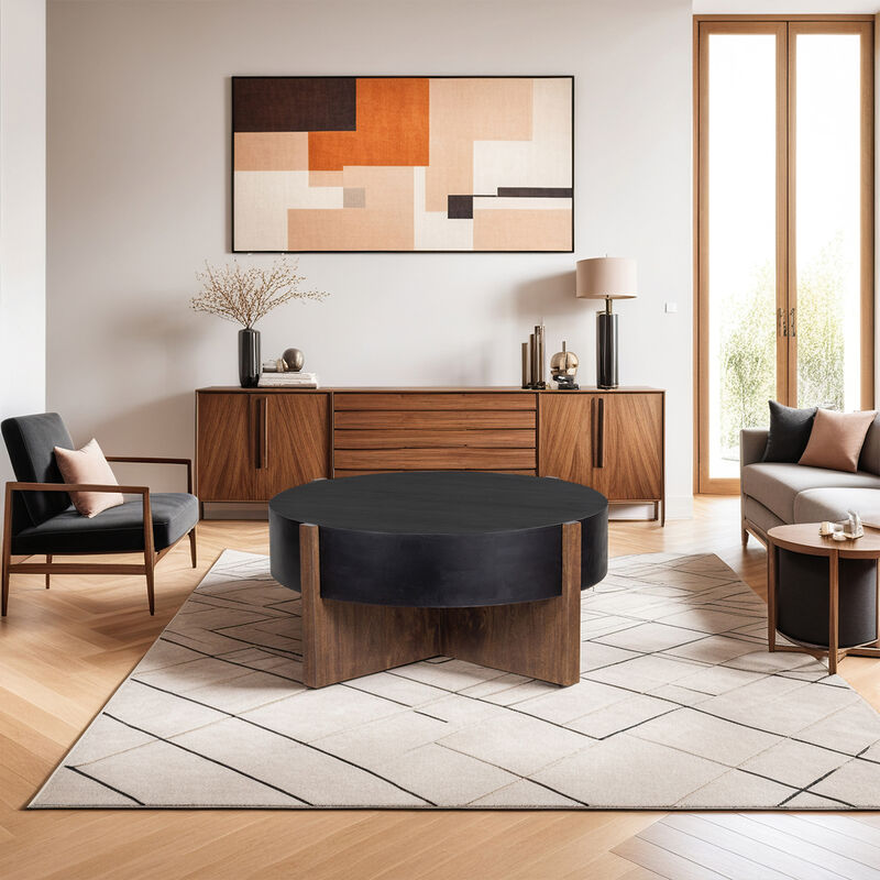 Naufe Coffee Table, 41 Inch Round Matte Black Top, Brown Cross Panel Legs, Mango Wood Frame