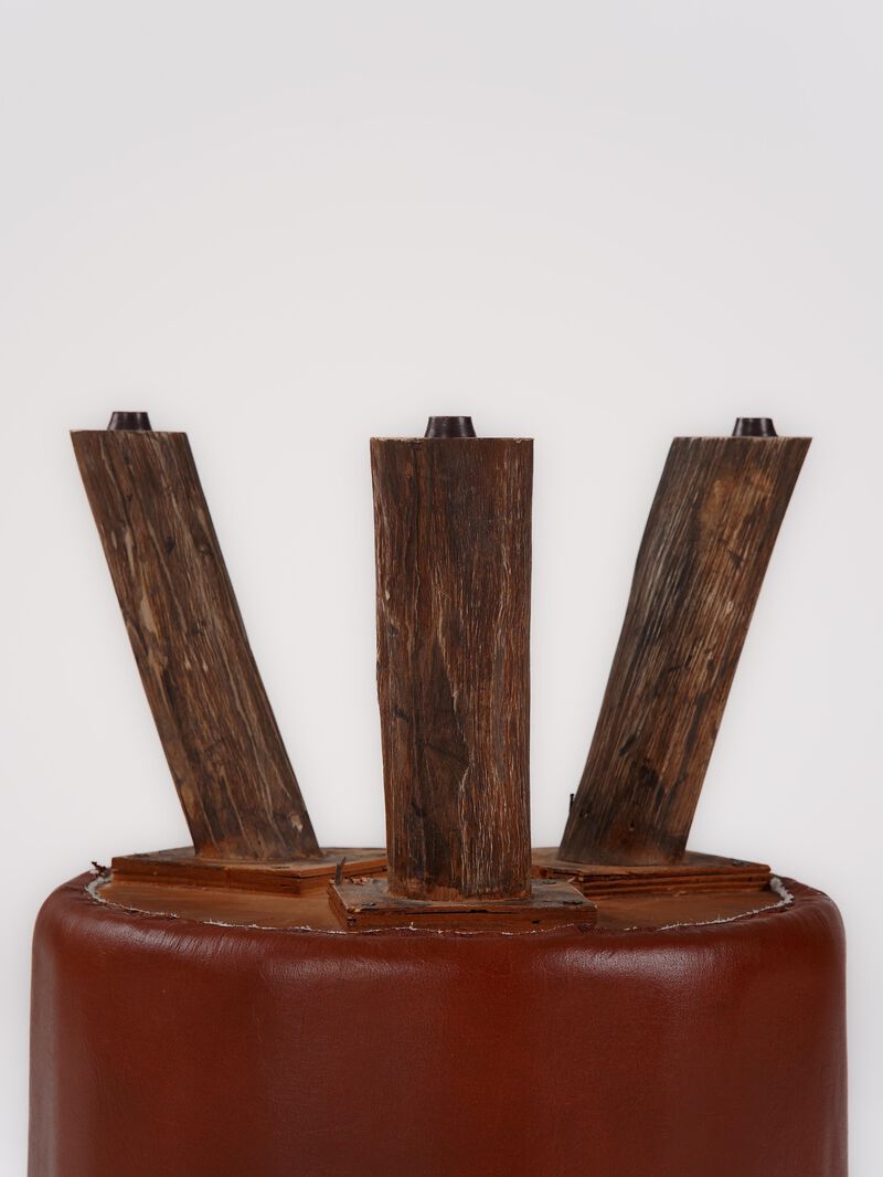 Handmade Eco-Friendly Geometric Buffalo Leather & Wood Black Round Ottomon Stool 18"X14"x14" From BBH Homes