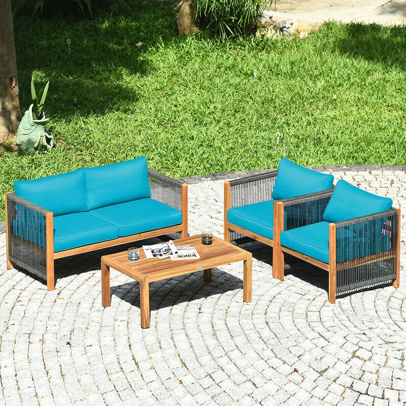 4 Pieces Acacia Wood Sofa Set with Cushions for Outdoor Patio-Blue