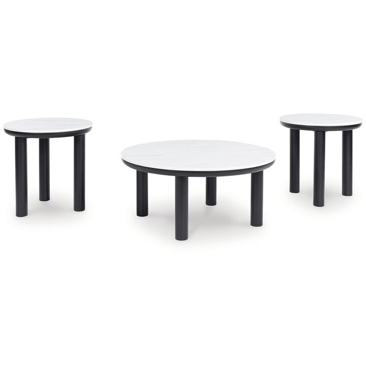 Dae 3pc Coffee and End Table Set, Round White Faux Marble, Black - Benzara