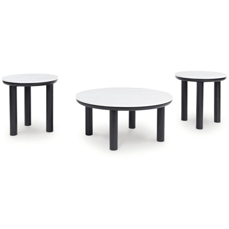 Dae 3pc Coffee and End Table Set, Round White Faux Marble, Black - Benzara