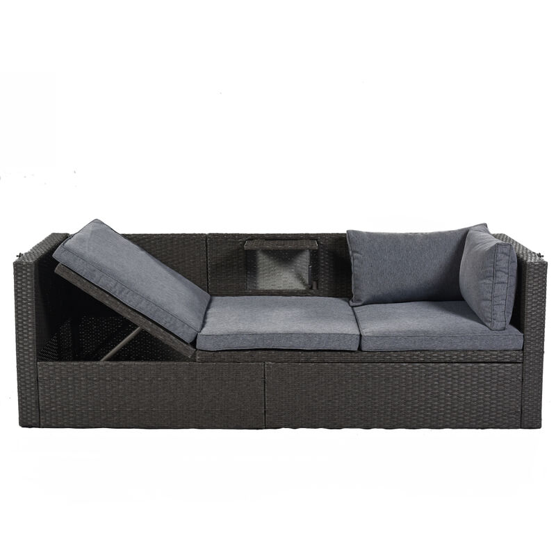 Outdoor Patio Rectangle Daybed With Retractable Canopy, Wicker Furniture Sectional Seating