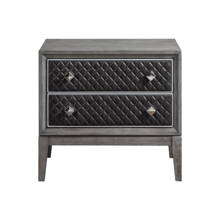 Stacy 29 Inch Nightstand, 2 Faux Leather Upholstered Drawers, Gray Wood - Benzara