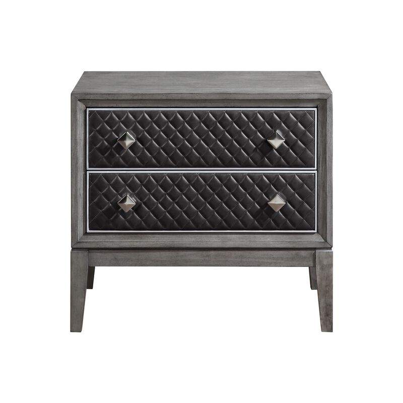 Stacy 29 Inch Nightstand, 2 Faux Leather Upholstered Drawers, Gray Wood - Benzara