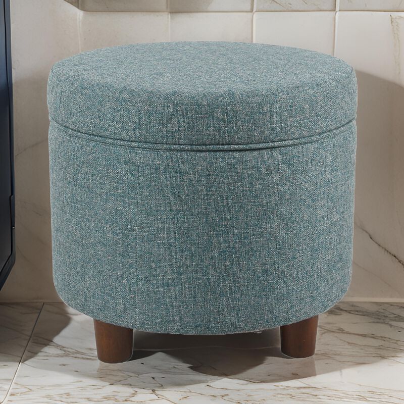 Fabric Upholstered Round Wooden Ottoman with Lift Off Lid Storage, Teal Blue - Benzara