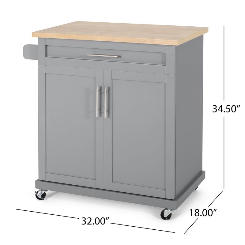 Shine Rolling Kitchen Island Bar Cart, 2 Doors, Gray, Natural Brown - Benzara