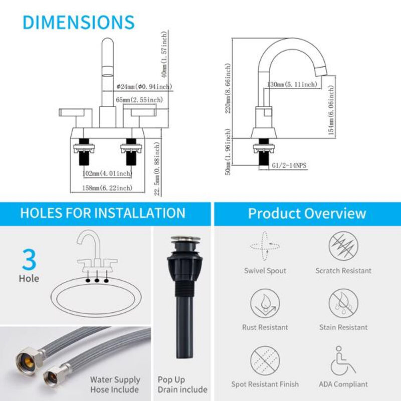 Bathroom Sink Faucet 2-Handle with Pop-Up Drain Assembly