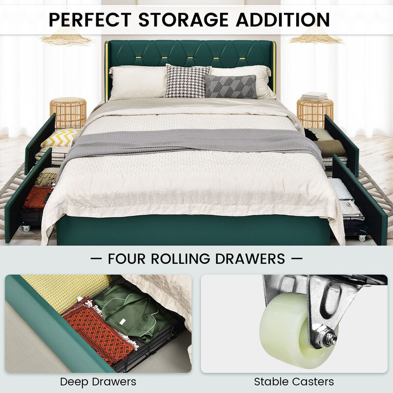 Full Size Upholstered Bed Frame with 4 Drawers-Green