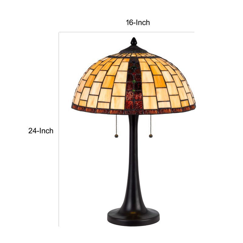 24 Inch Table Lamp, Tiffany Style Stained Glass, Pull Chain, Black Resin - Benzara