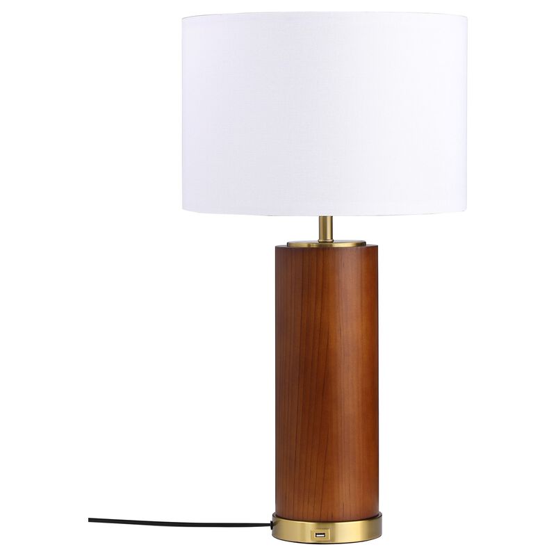 28 Inch Table Lamp, White Fabric Drum Shade, Gold Metal, Brown Bridge Base - Benzara