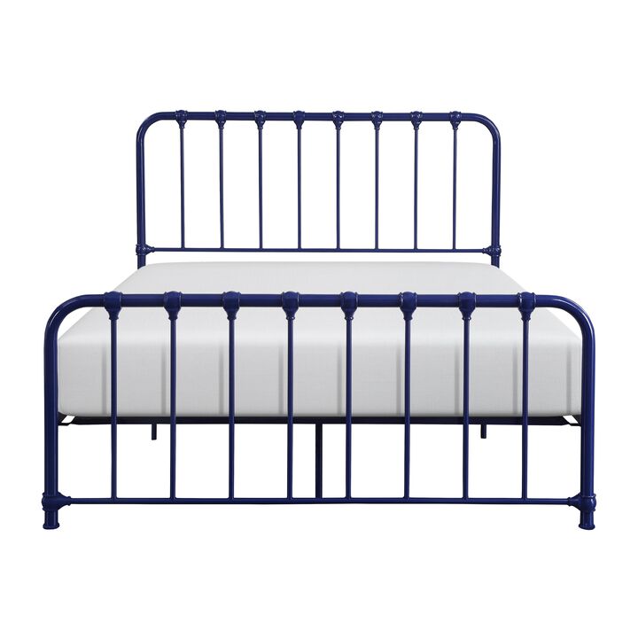 Ethan Queen Size Bed, Classic Open Slatted Metal Frame Design, Blue - Benzara