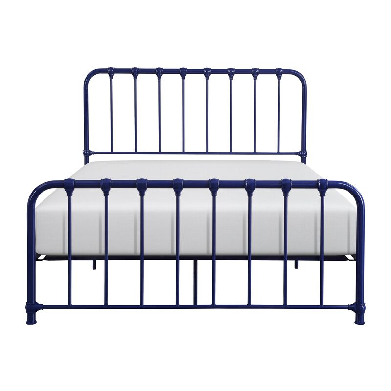 Ethan Queen Size Bed, Classic Open Slatted Metal Frame Design, Blue - Benzara