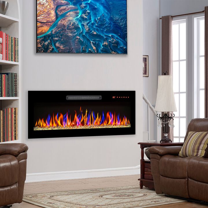 MONDAWE 36 Inch Recessed Ultra Thin Tempered Glass Front Wall Mounted Electric Fireplace With Remote And Multi Color Flame & Emberbed, LED Light Heater