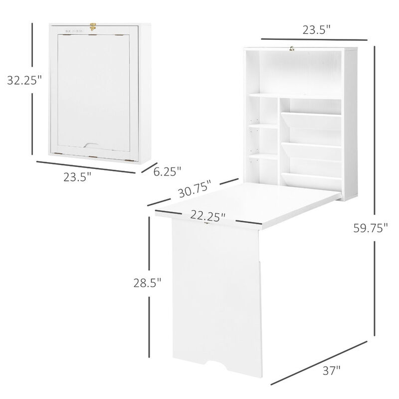 Space-Saving Workstation: White Wall-Mounted Convertible Desk with Storage
