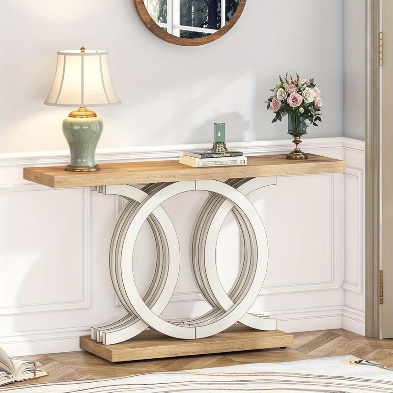 Console Table with Geometric Base, Modern Hallway Table, Wooden Entryway Table, Foyer Sofa Table, Unique Long Accent Table for Decoration, Deck Boxes