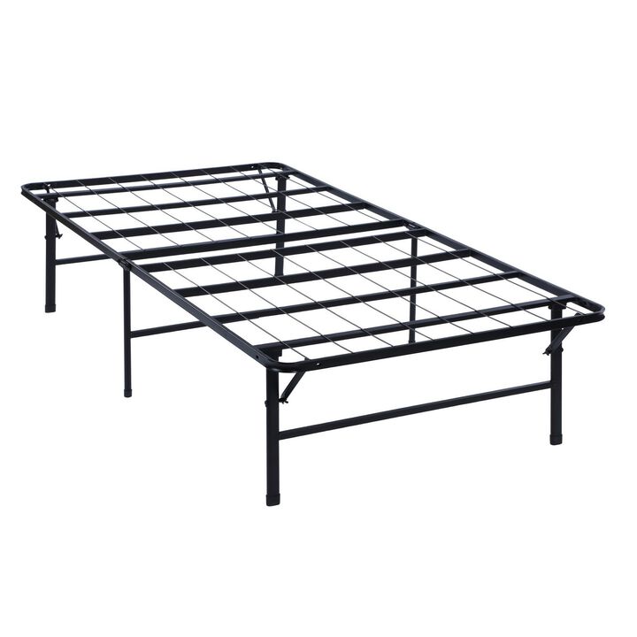 Adel Twin Size Low Profile Bed, Foldable Metal Frame, Black-Benzara