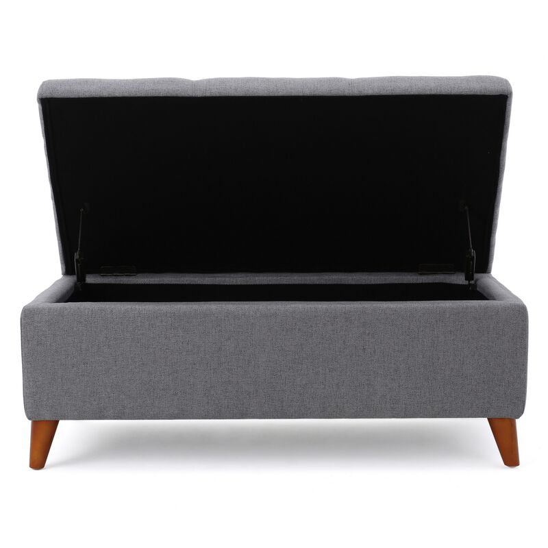 Storage Ottoman Bench, Gray Fabric Cushions, Brown Wood Legs, 38 Inch - Benzara