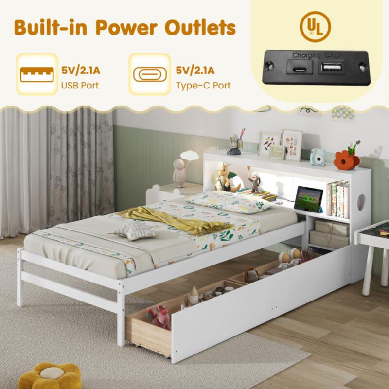Hivvago Twin Size Bed Frame with LED Light and Bookcase Headboard