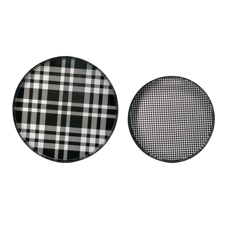 2 Piece Round Decorative Tray, Plastic Frame, Black and White Plaid Print - Benzara