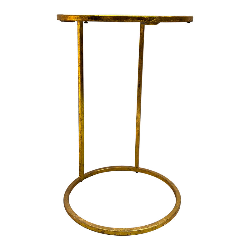 20 Inch Round Side End Table, White Marble Top with Blue Agate Stone Inlay, Gold Foil Finish Iron Frame - Benzara