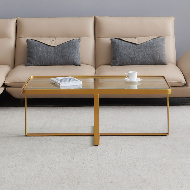 Minimalist Rectangular Coffee Table with Gold Metal Frame and Glass Top