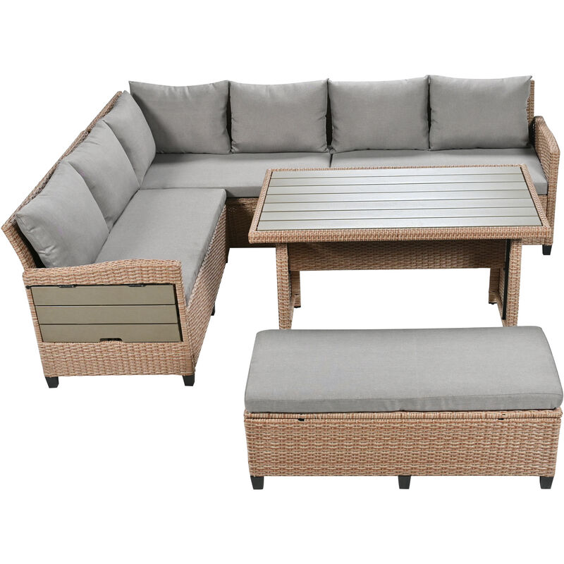 Merax Outdoor Patio Rattan Sectional Sofa Table Bench Set