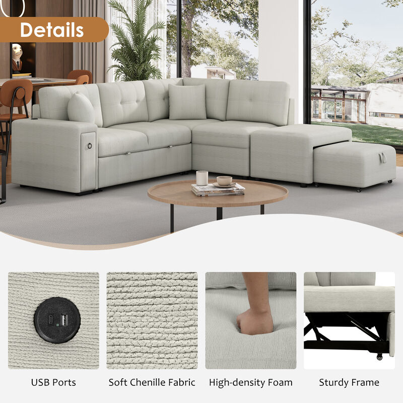 86.6" Sectional Sofa L-shaped Sofa Couch Pull-out Sofa Bed with a Movable Ottoman, Two USB Ports  and Two Cup Holders for Living Room, Beige