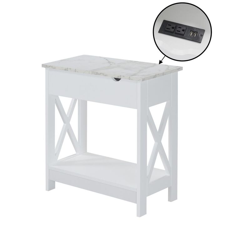 Convenience Concepts Oxford Flip Top End Table with Charging Station and Shelf, Marble