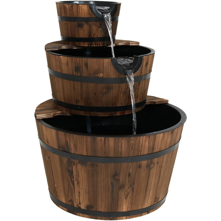 Sunnydaze Rustic 3-Tier Wooden Fir Barrel-Style Water Fountain - 30 in