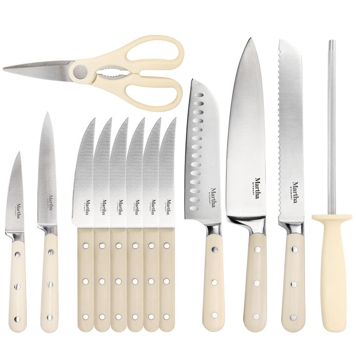 Martha Stewart Essential Ruxton 14 Piece Stainless Steel Knife and Block Set in Cream