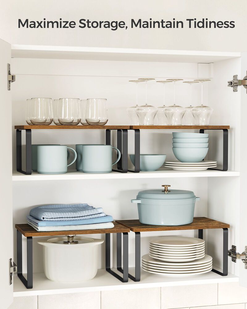 Expandable and Stackable Cabinet Shelf Organizer – Metal and Bamboo Kitchen Counter Shelves, Set of 2